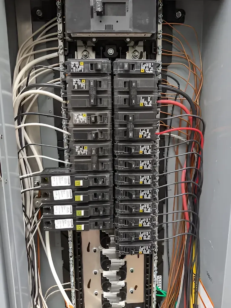 Electrical panel with rows of black circuit breakers and wire connections.