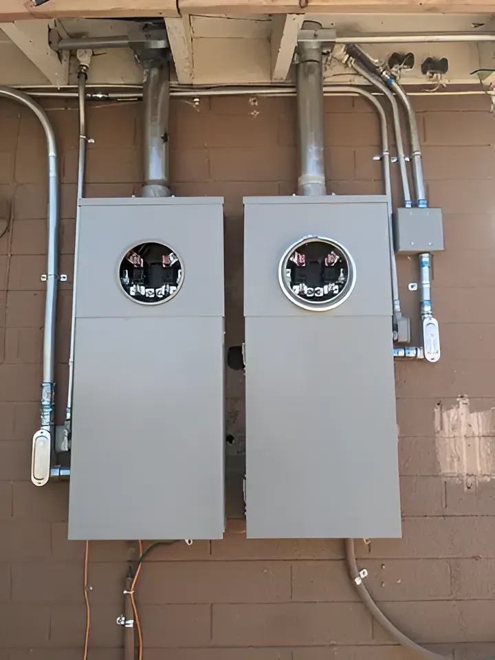 Two gray electric meter boxes on a brown wall, with metallic conduits and wiring.