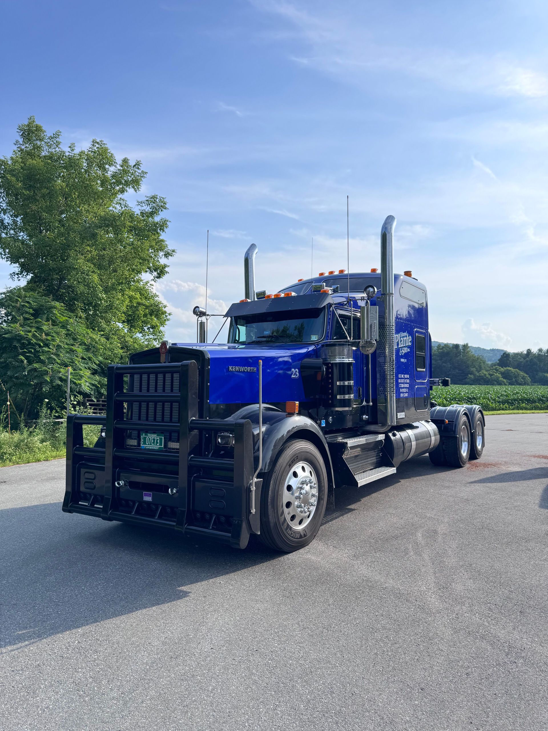 A blue semi-truck parked outside on a sunny day. The truck has a protective front grill.