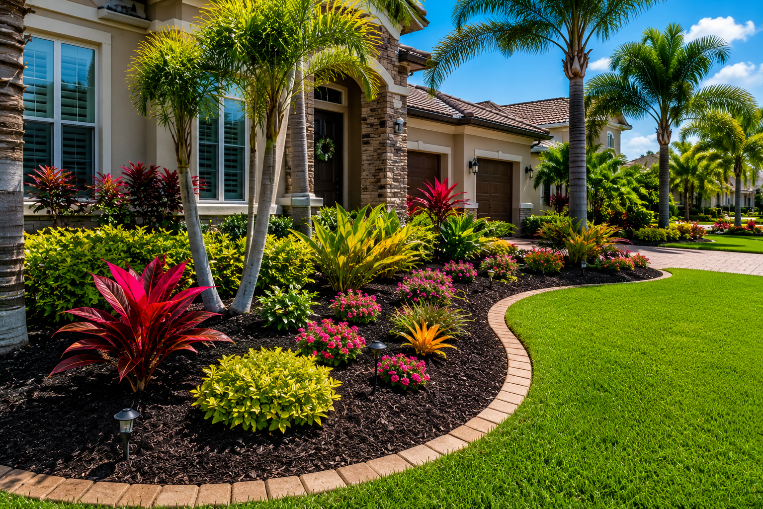 Landscaped suburban home with palm trees, colorful shrubs, and a curved brick border on a green lawn