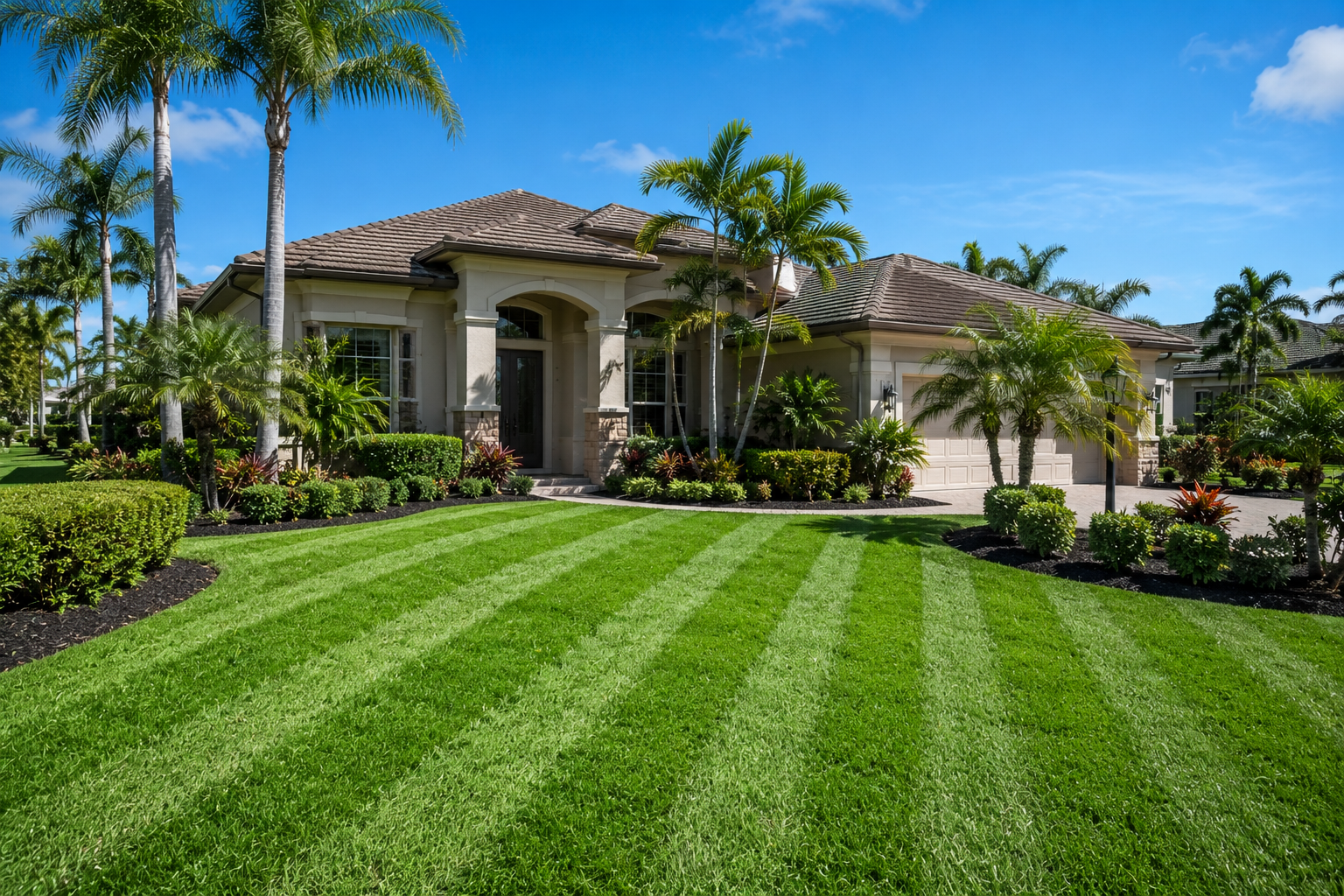 Luxury house with palm trees and a striped green lawn under a bright blue sky