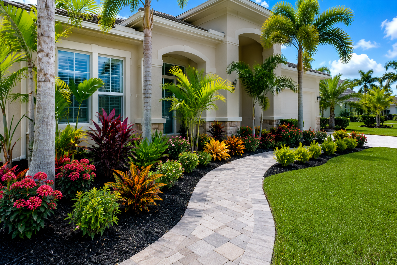 Luxury home exterior with tropical landscaping and curved stone walkway under a bright blue sky