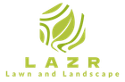 Lime green “LAZR Lawn and Landscape” logo with stylized leaf emblem on a white background