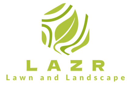 Lime green “LAZR Lawn and Landscape” logo with stylized leaf emblem on a white background