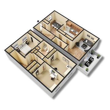 Floor plan of a two-story house. Kitchen, dining, living room, laundry, and stairs. Brown, beige and white color scheme.