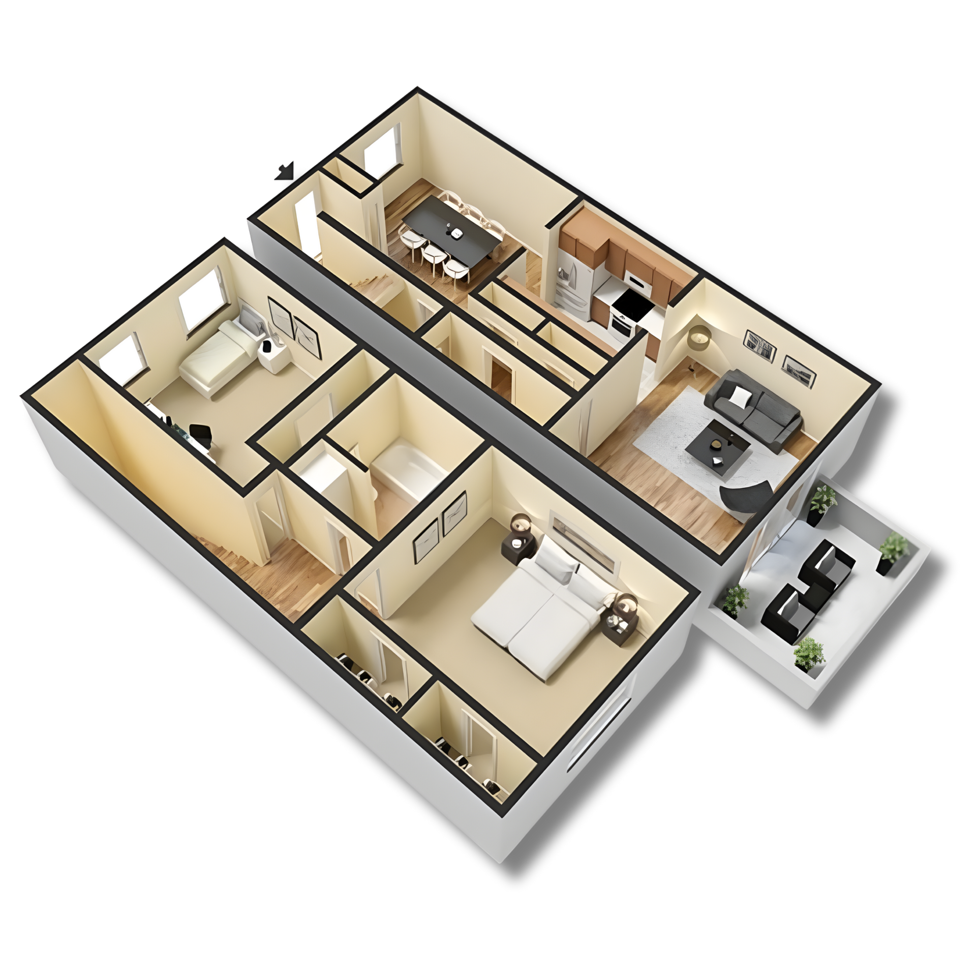 Floor plan of an apartment showing kitchen, dining, living, and bathroom areas.