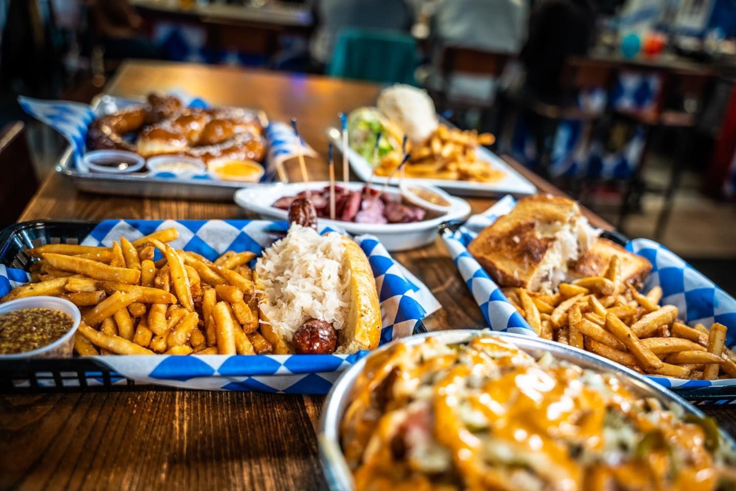Das Bierhalle Menu items; baked pretzels, fries, brats, fried sandwiches