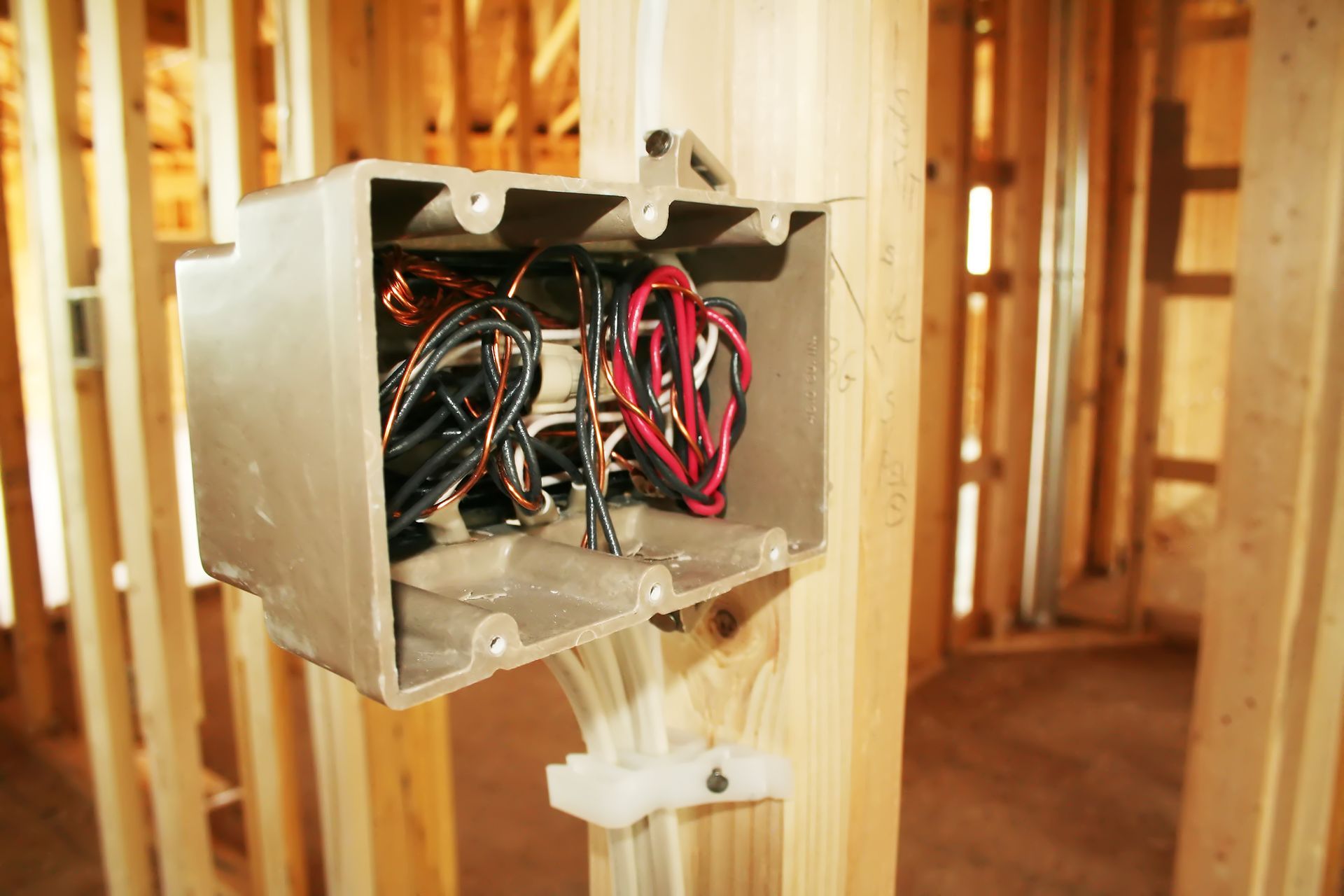Open electrical junction box with exposed wires in a wooden-framed wall under construction