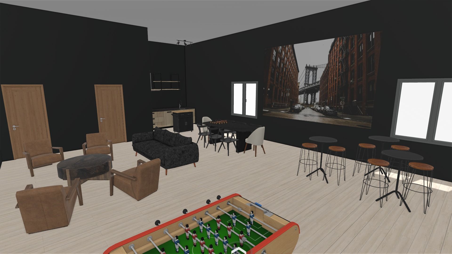 a computer generated image of a living room with a foosball table