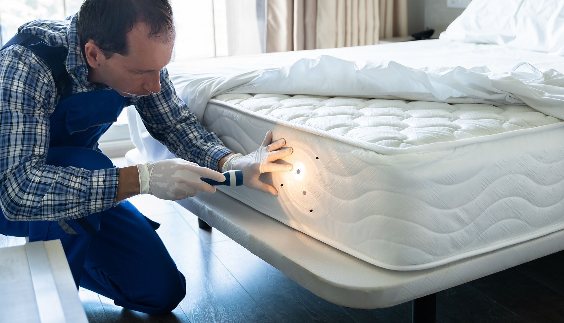 Man inspecting a mattress for pests with a flashlight. He's wearing blue overalls and gloves in a bedroom setting.
