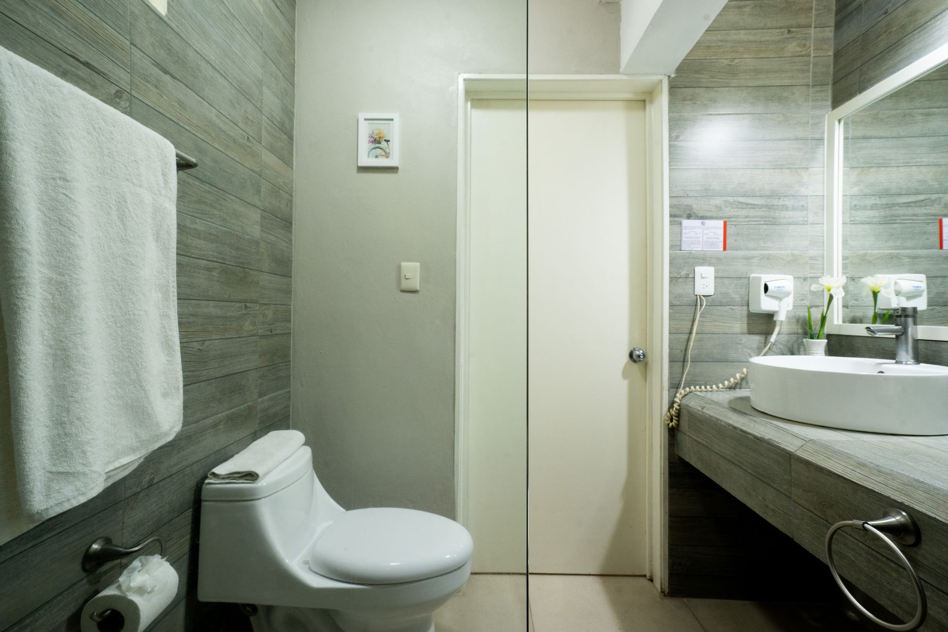 Baño con inodoro, lavabo, espejo, toallero y puerta cerrada. Combinación de colores gris y blanco.