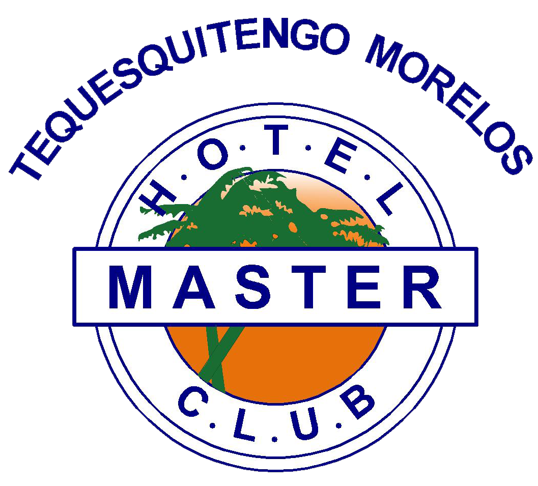 Logotipo: “Hotel Master Club” en Tequesquitengo, Morelos, con una silueta de árbol sobre un globo naranja.