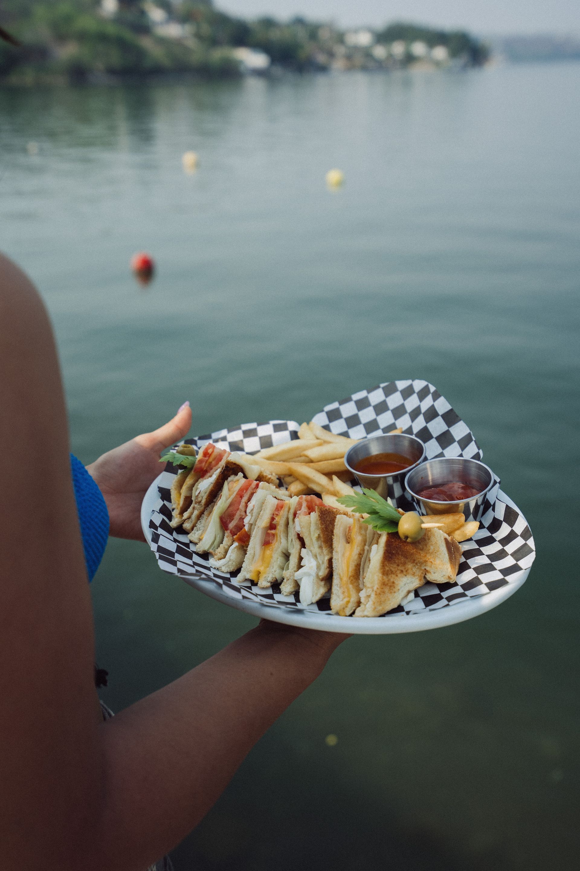 Persona sosteniendo un plato de sándwich, papas fritas y salsas junto a un lago.