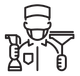 A line drawing of a surgeon wearing a mask and holding a surgical instrument.