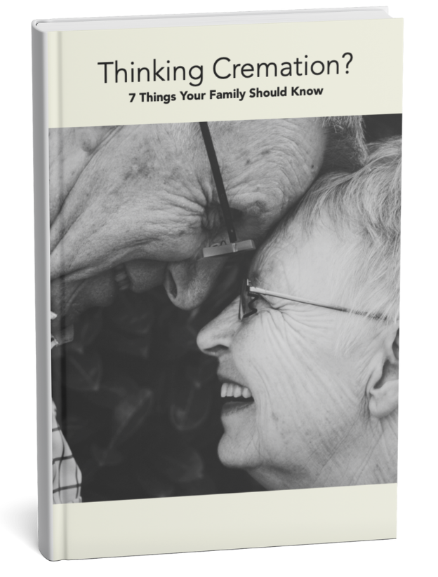 Book cover titled “Thinking Cremation?” with a black-and-white photo of two people laughing close together.