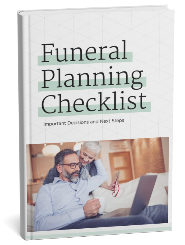 Funeral planning checklist booklet with a man using a laptop on the cover