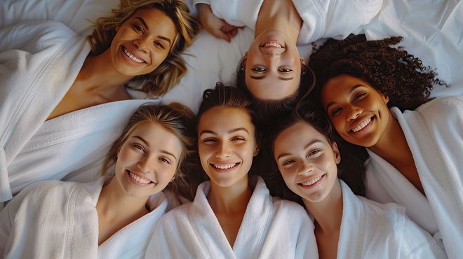 multiple women in white robes at a 
medical spa