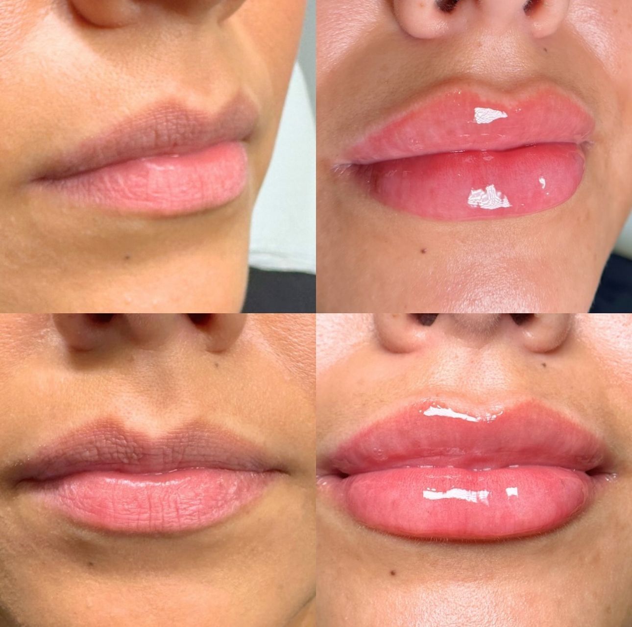 A collage of four pictures of a woman 's lips