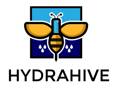 A logo for a company called hydrahive with a bee in a square.