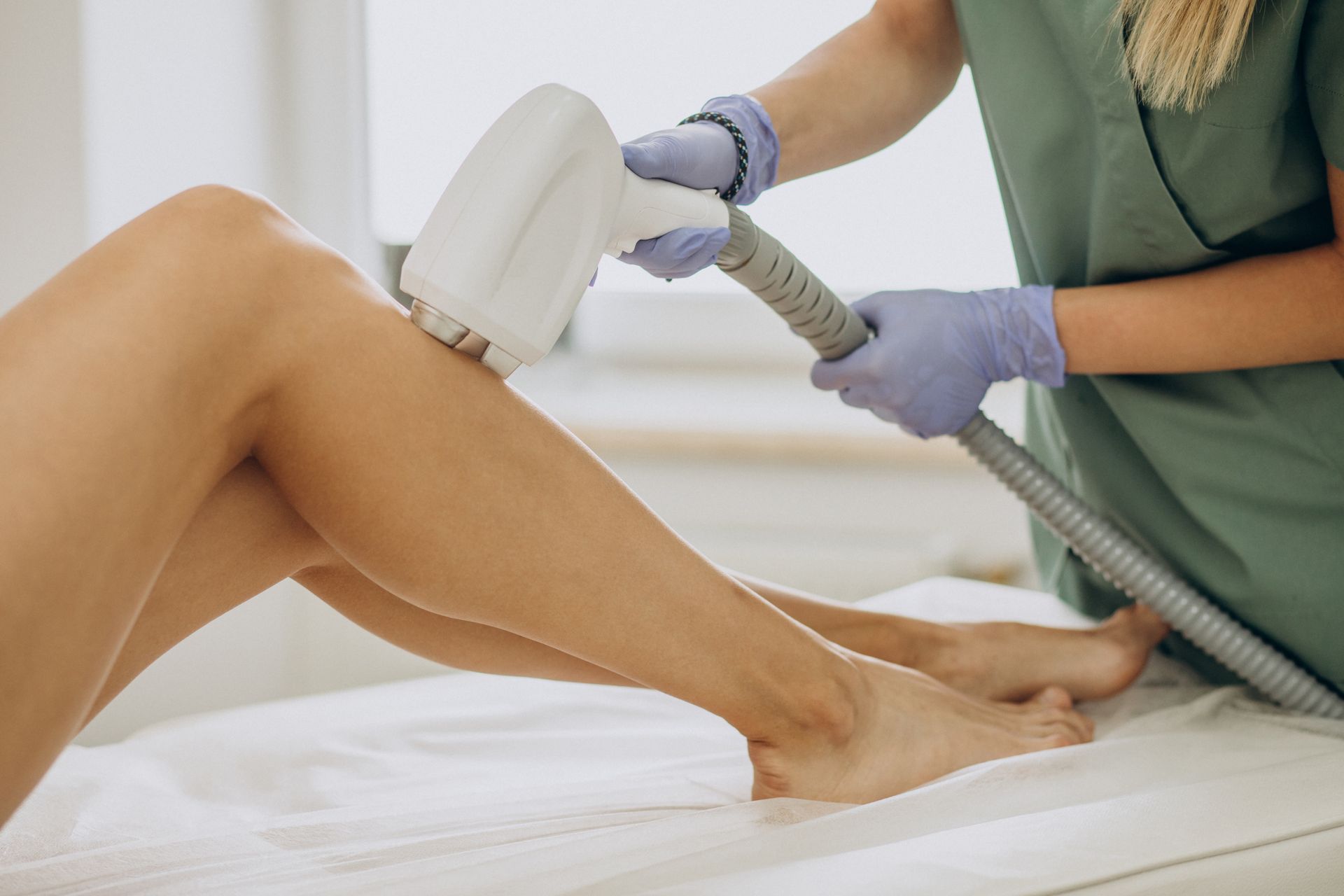 A woman is getting a laser hair removal treatment on her legs.