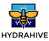 The logo for hydrahive is a bee with a syringe in its mouth.