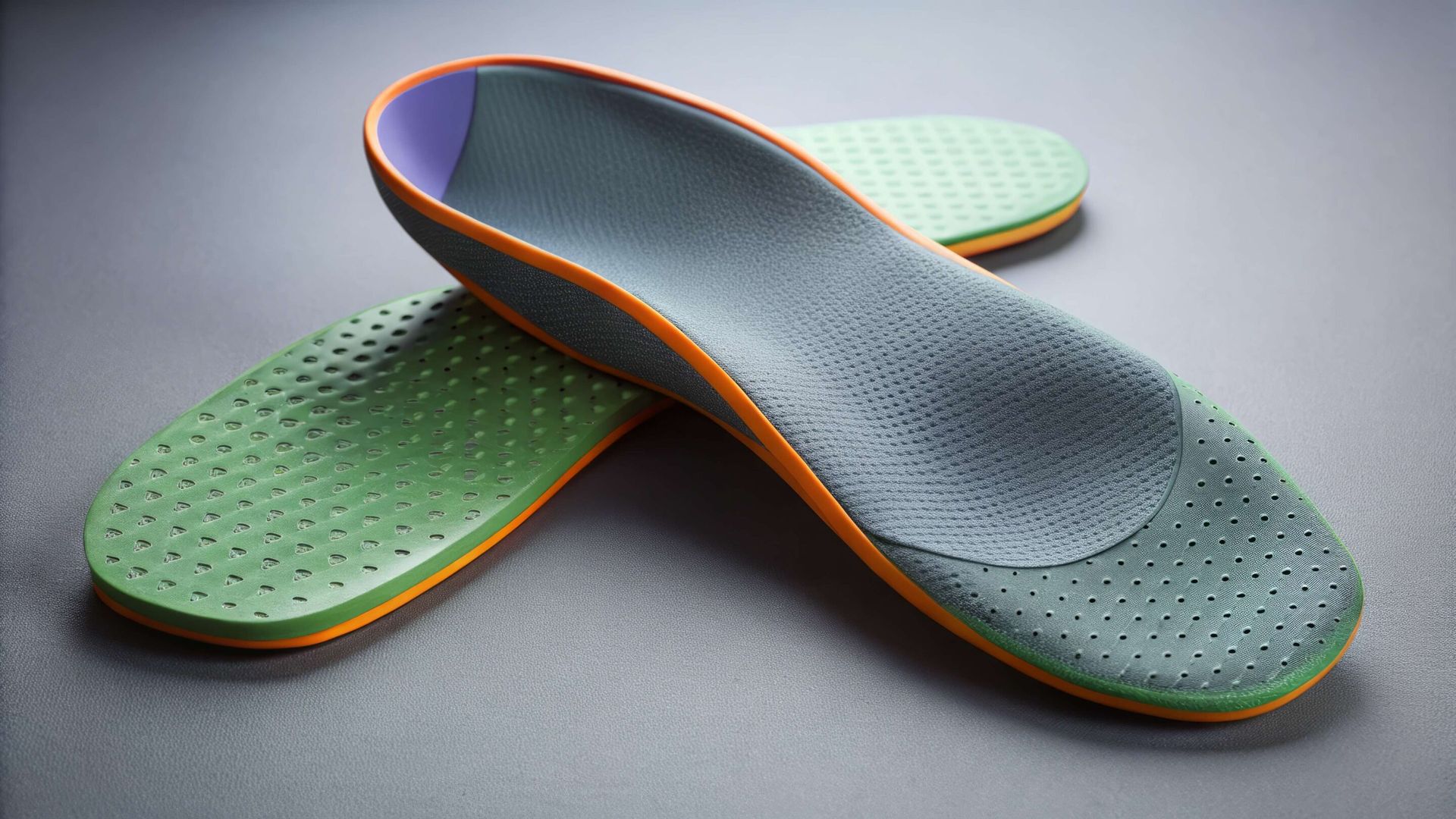 Two orthotic shoe inserts, green and gray, with orange and purple accents, resting on a gray surface.