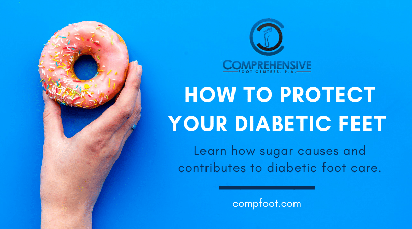 Hand holding a donut on blue background with text 