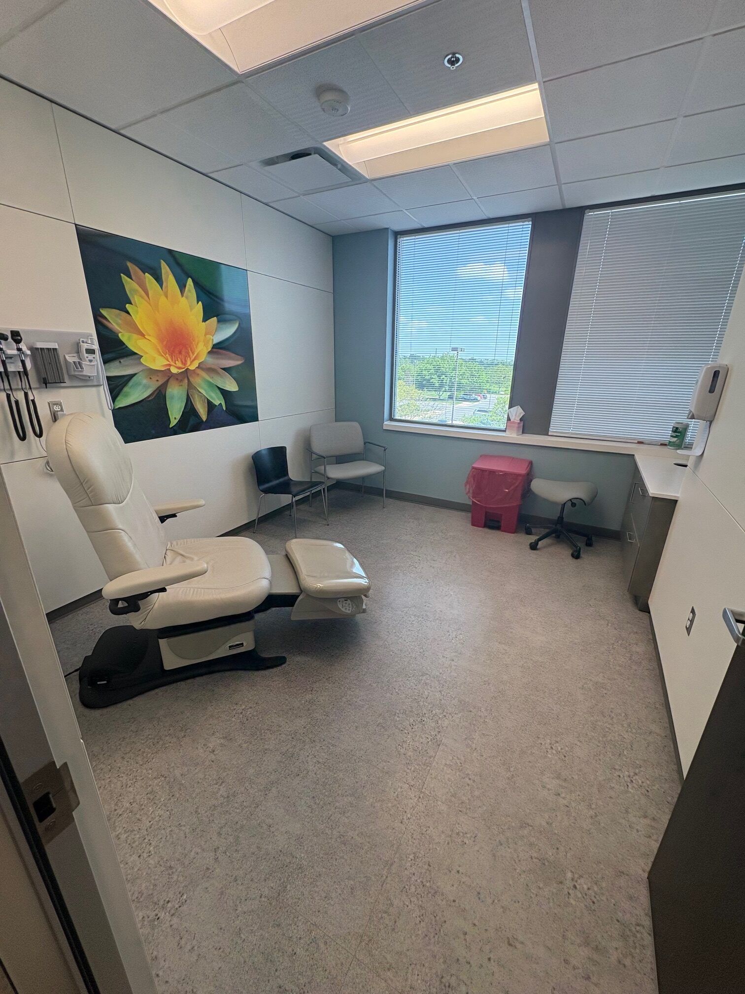Exam room with medical chair, desk, and window. Artwork of yellow flower on wall.