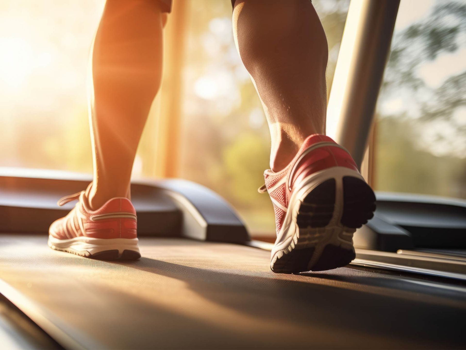 Person's legs and feet in red sneakers on a treadmill, running in a brightly lit room.