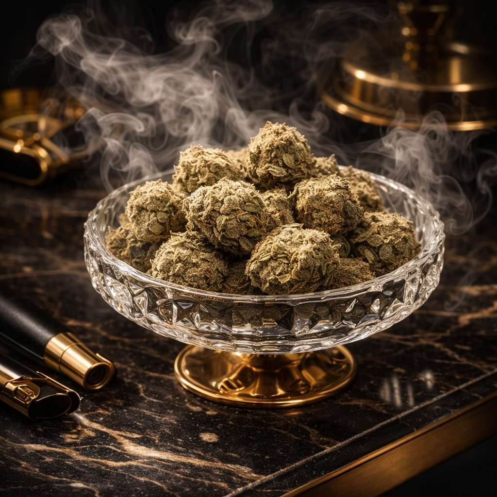 Glass bowl of cannabis buds on a dark table with smoking embers and brass accents