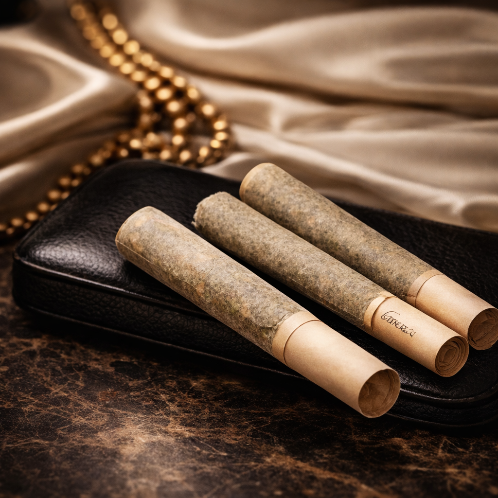 Three rolled cigars on a black case with gold beads on brown satin background