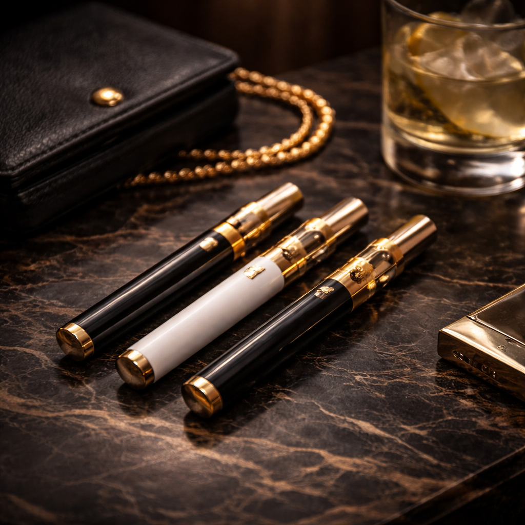 Three black and gold vape pens on a dark marble table beside a wallet, chain, and whiskey glass