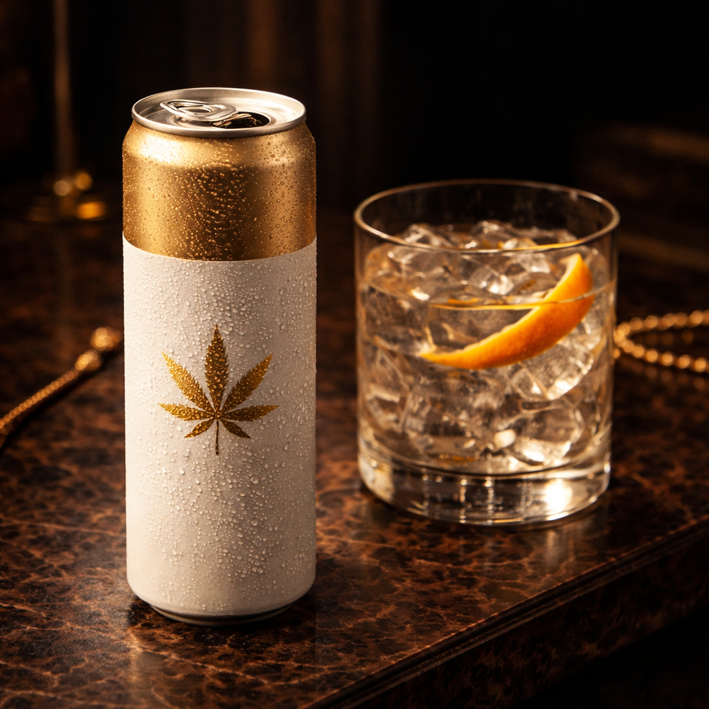 Gold-and-white cannabis can beside a whiskey glass with ice and orange twist on a dark table
