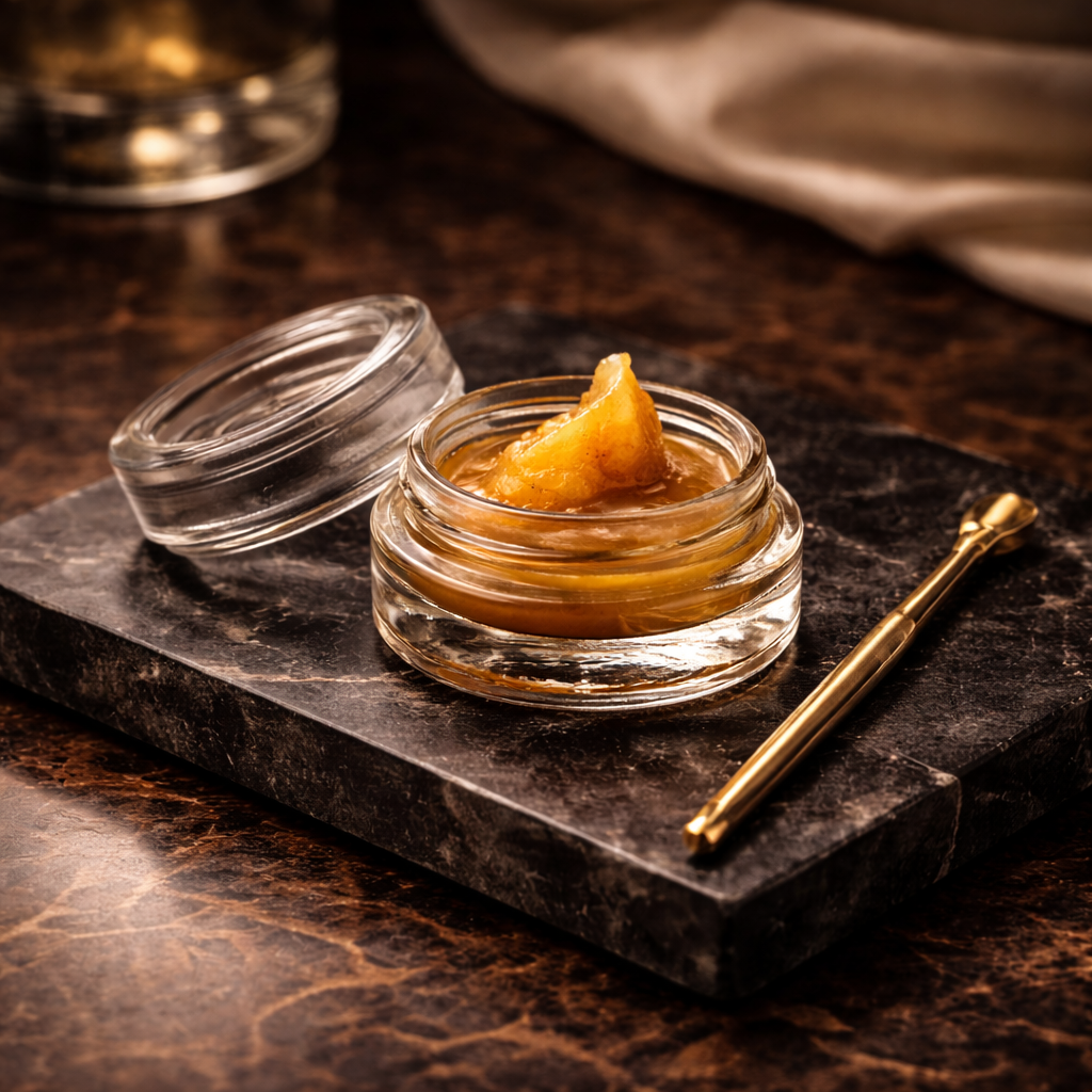 Small glass jar of amber balm with golden applicator on a dark stone tray