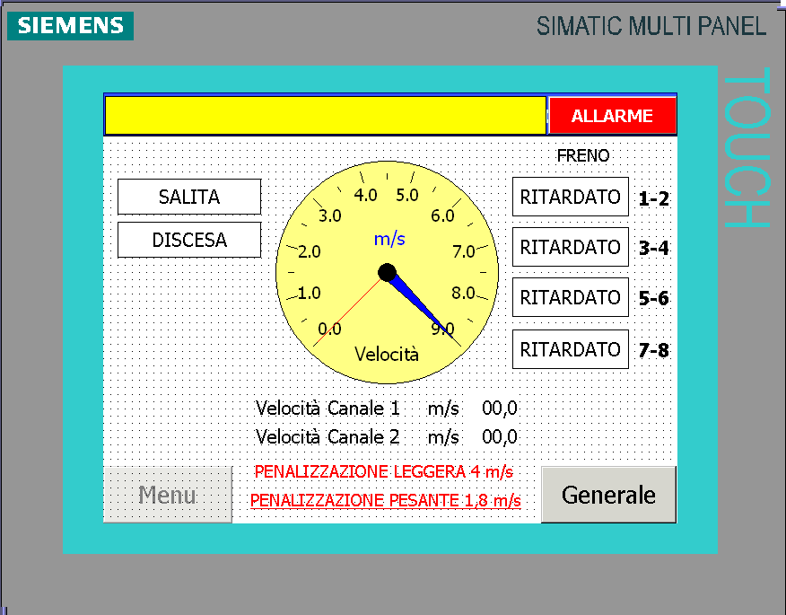 Uno schermo multipannello Siemens Simatic mostra un tachimetro