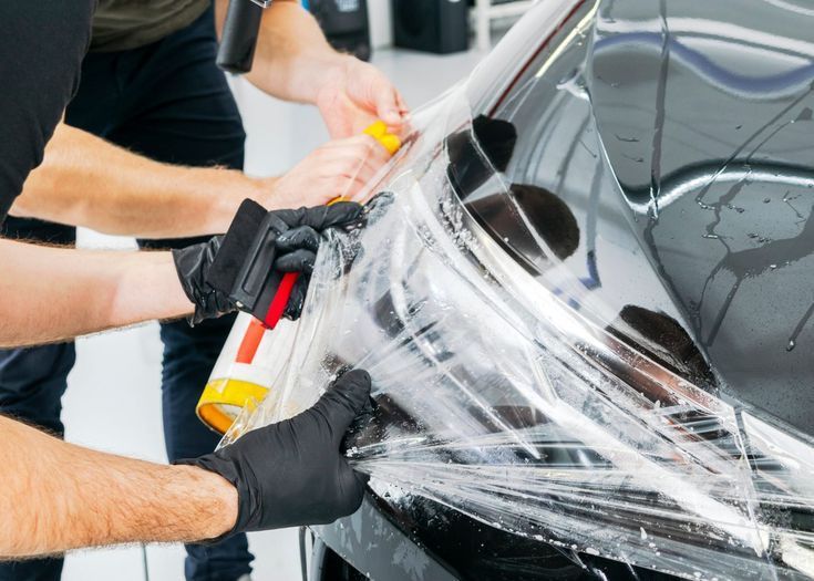 A man is wrapping a car with plastic wrap.