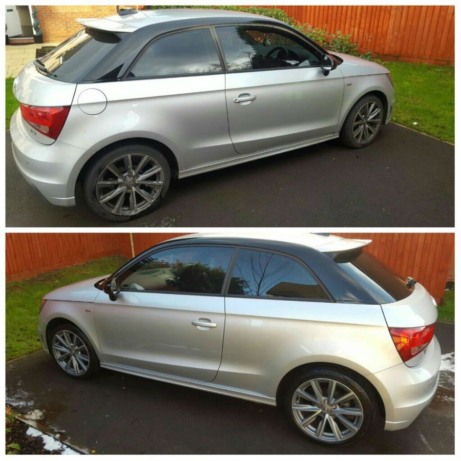 before and after picture of a silver car being valeted