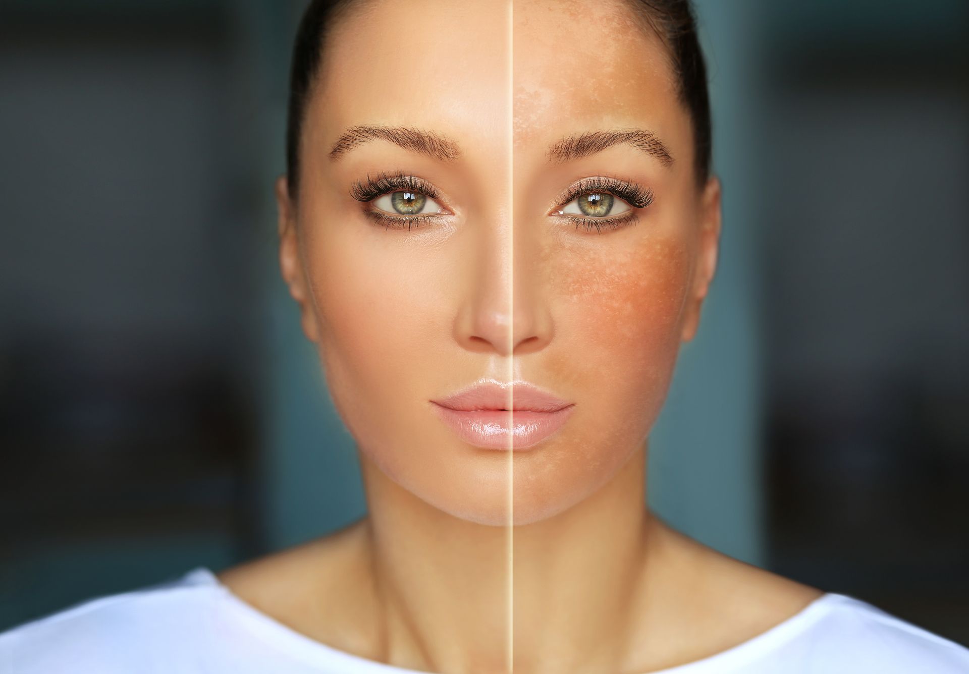 A before and after photo of a woman 's face with and without makeup.