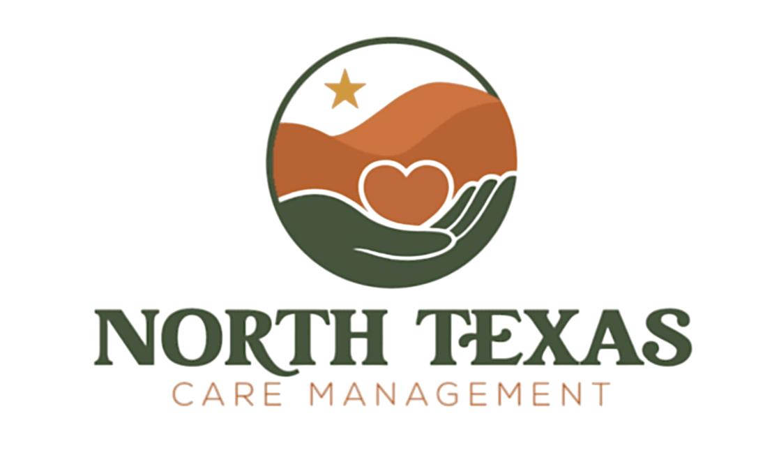 A logo for north texas care management with a hand holding a heart