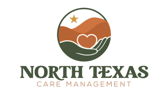 A logo for north texas care management with a hand holding a heart