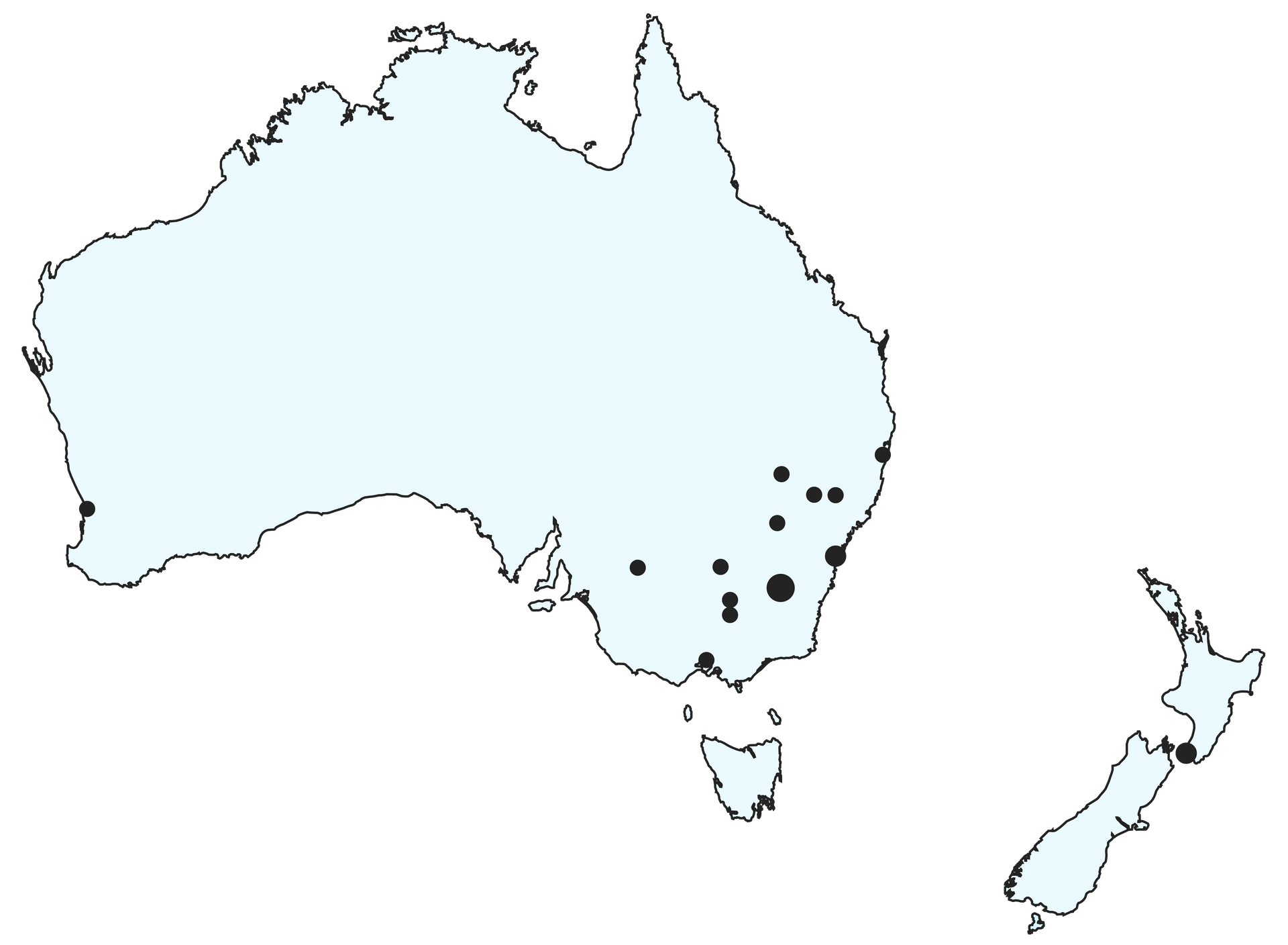 A map of Australia with a lot of dots on it