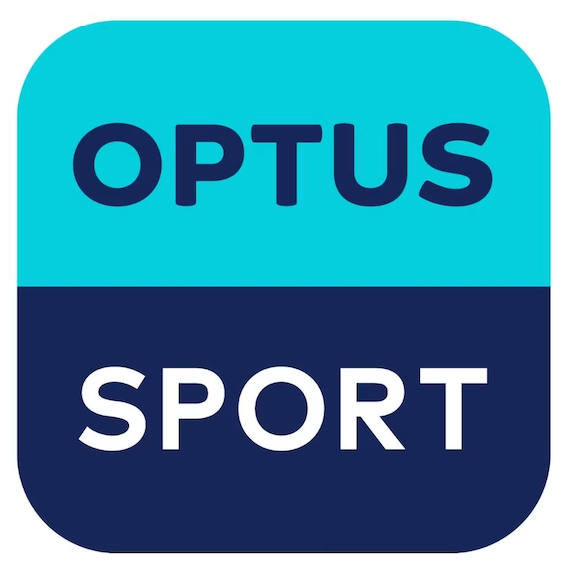 A blue and white logo for optus sport