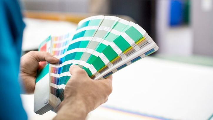 A person is holding a fan of paint samples in their hands.