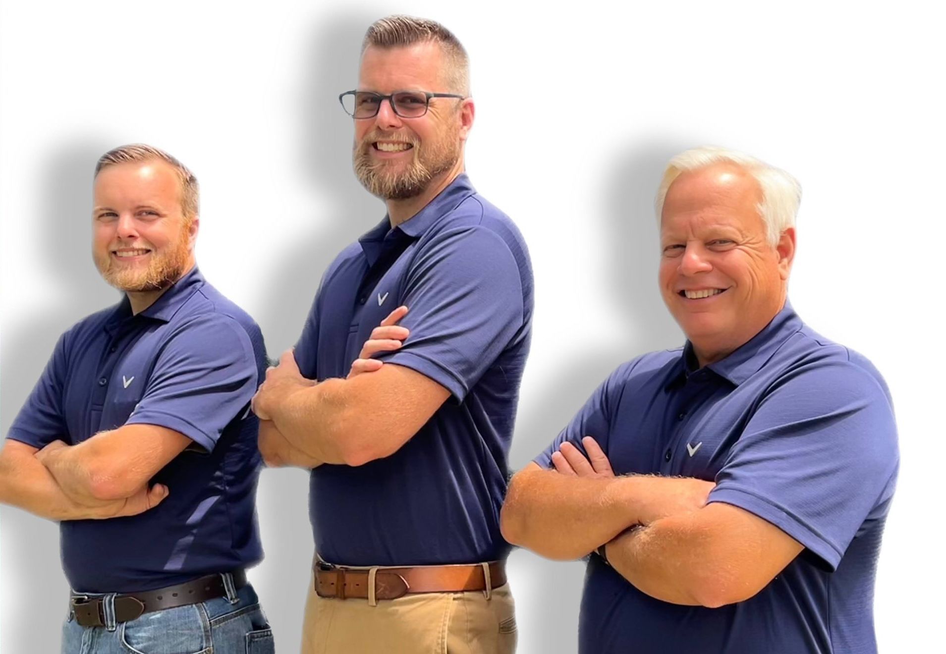 Three men are standing next to each other with their arms crossed.