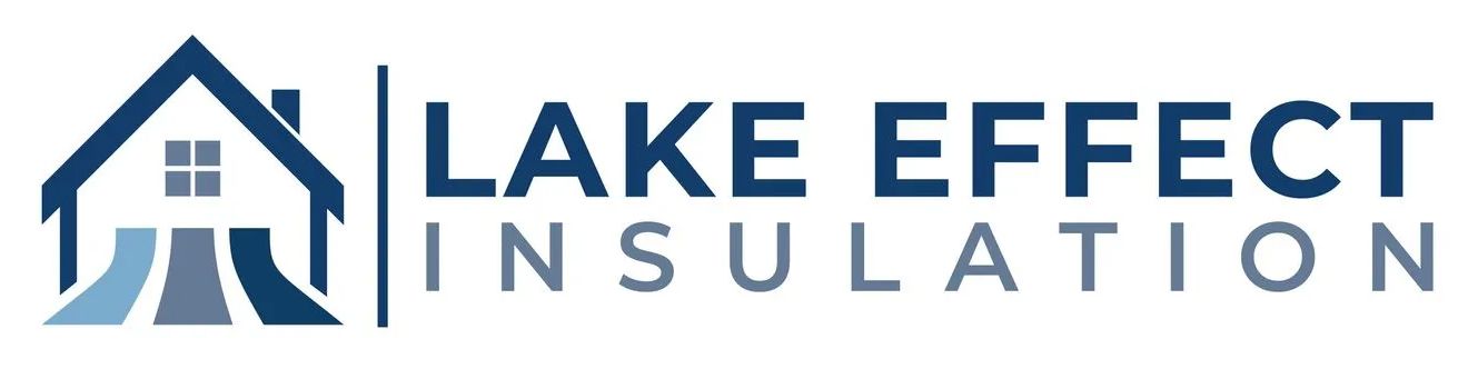 Logo for "Lake Effect Insulation," featuring a house outline and stylized water lines in shades of blue.