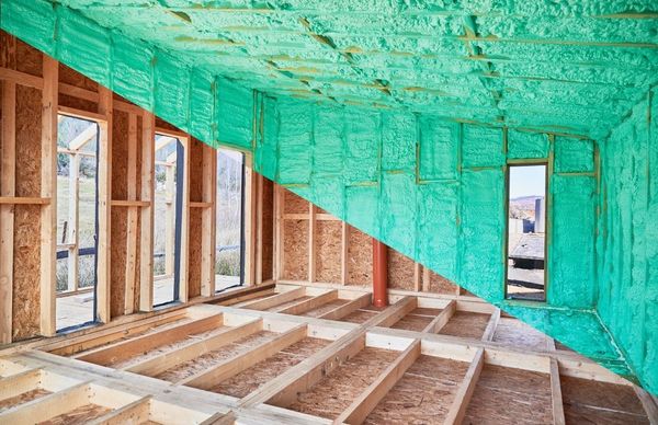 Half-finished room construction, with wooden frame and green spray foam insulation.