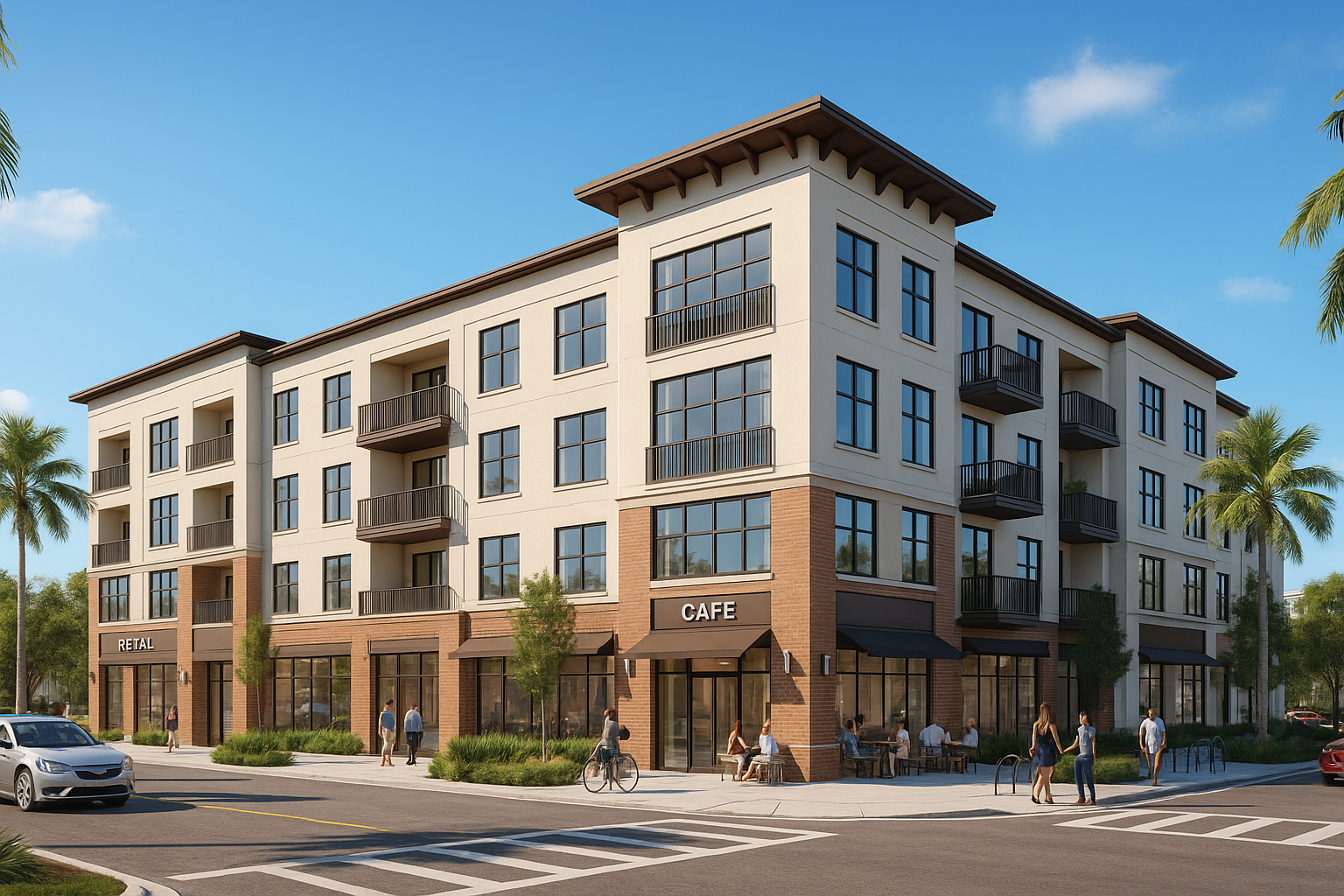 Apartment complex with a pool scene. People are swimming, relaxing, and sunbathing. Buildings are tall with balconies, palm trees, and blue sky.