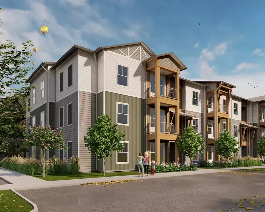 Exterior rendering of a modern three-story apartment building with balconies, a street, and people in front.