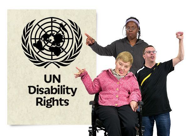 People with Disabilities next to United Nations banner