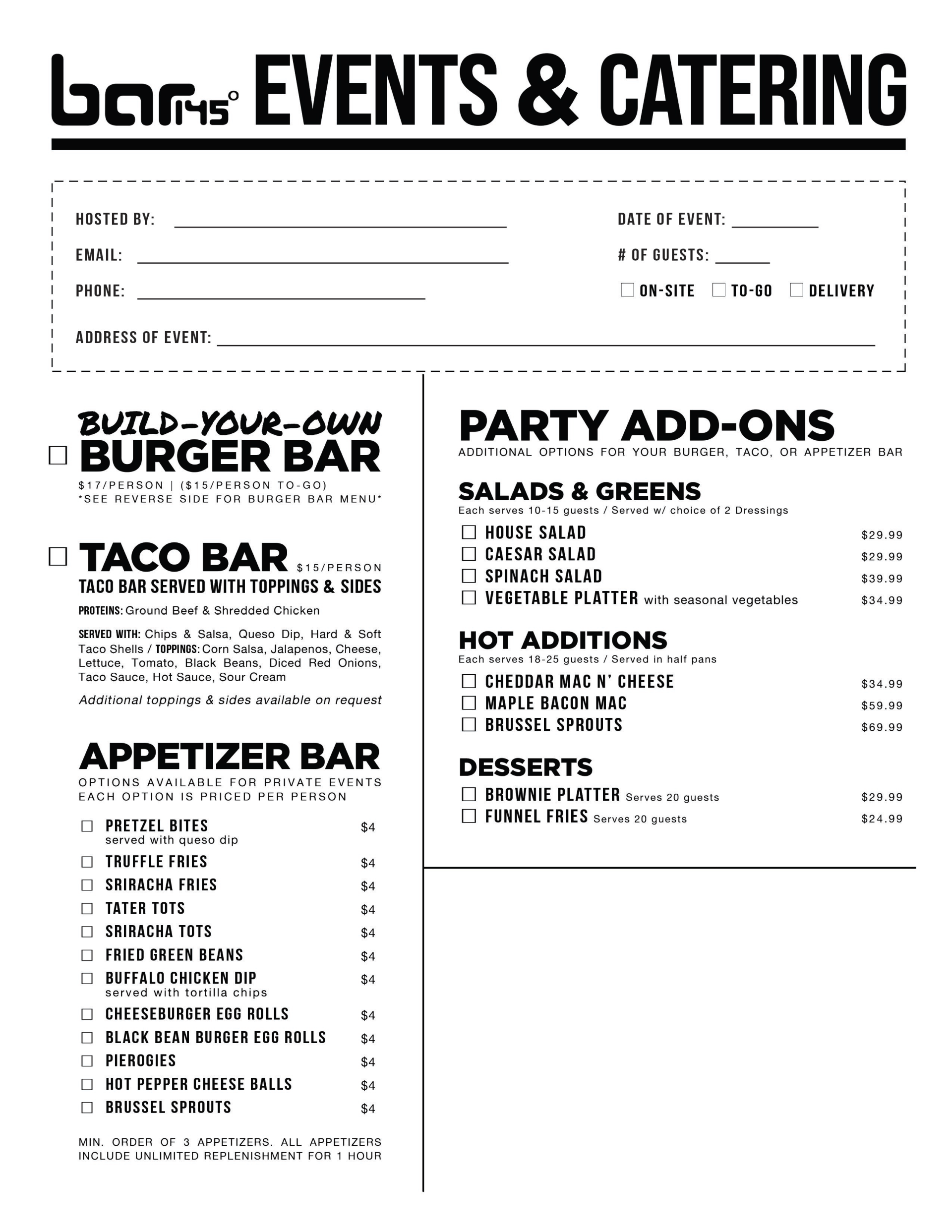 Bar 145 Events and Catering Menu